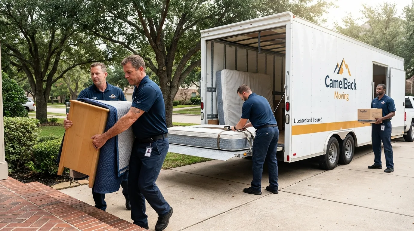 Crew loading residential truck for cross-state move from Bowbells, ND