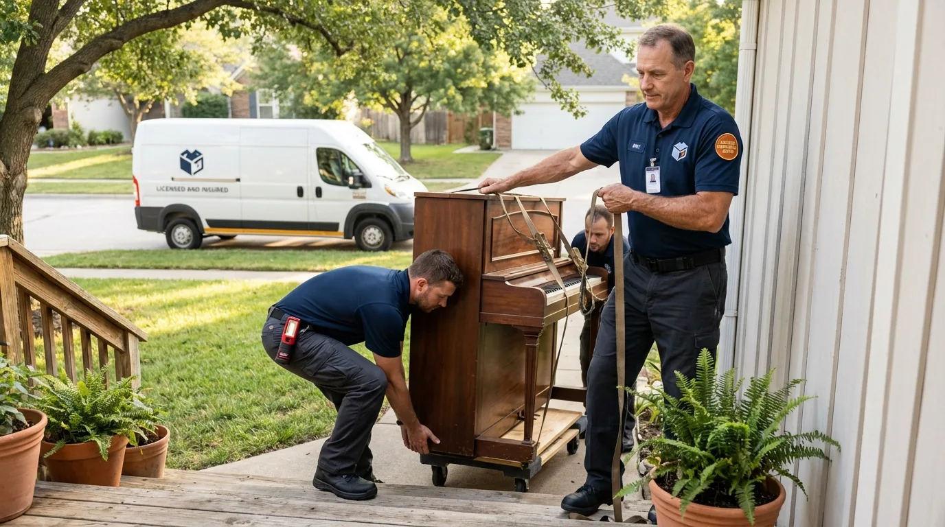 Licensed piano movers securing grand piano in Bowbells, ND