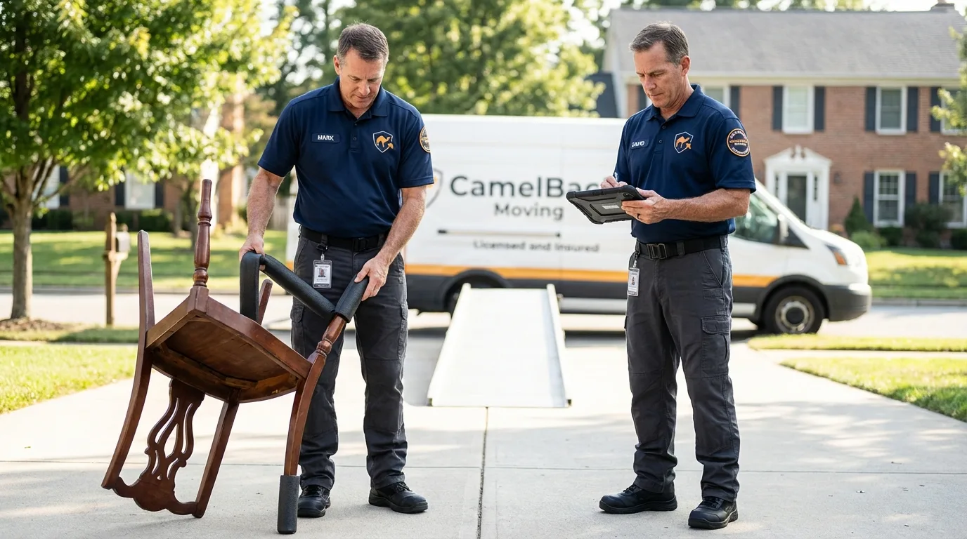 Movers inspecting furniture for damage prevention before loading in Bowbells, ND