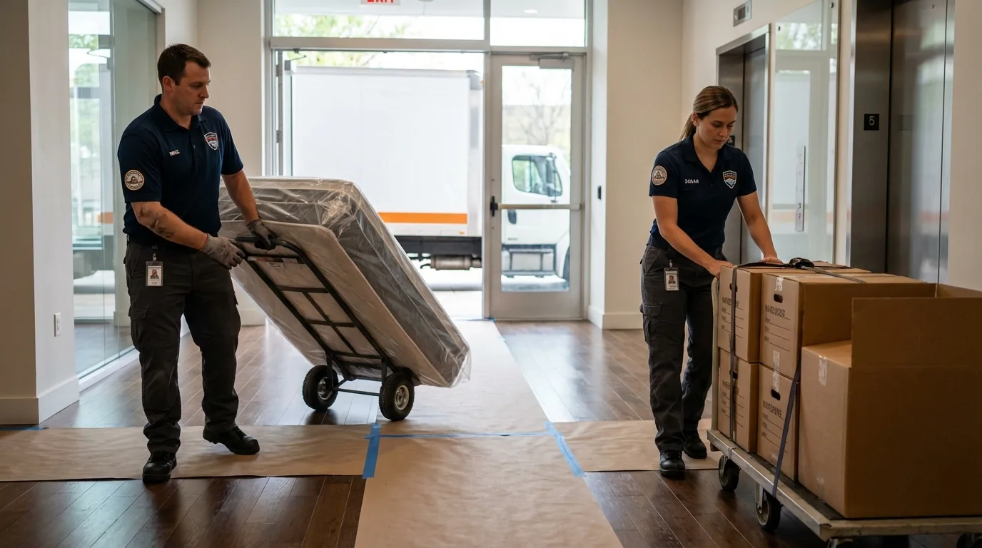 Professional apartment movers loading elevator in Bowbells, ND
