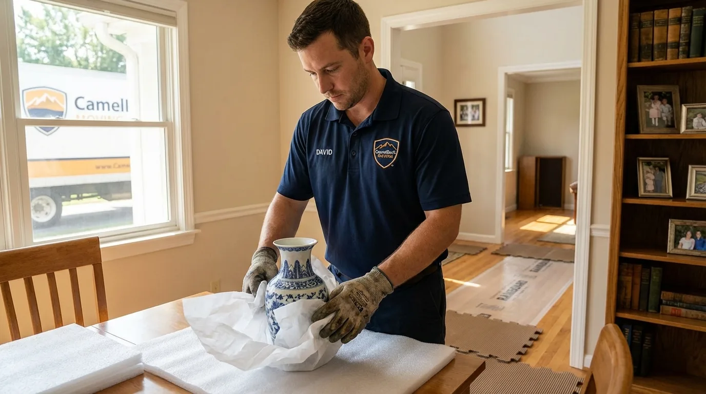 Professional crew carefully wrapping antique vase for senior downsizing move in Bowbells, ND