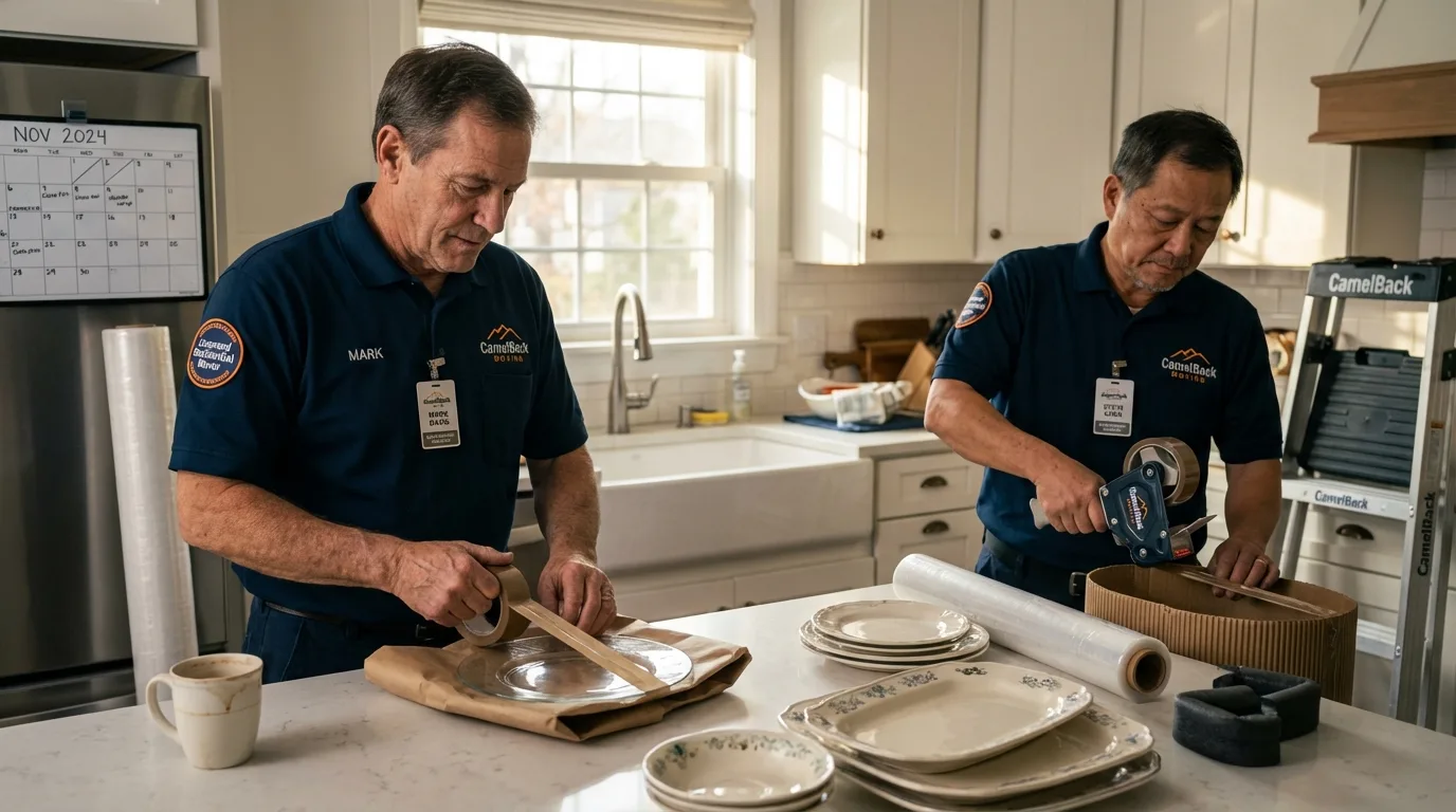 Professional crew packing kitchen dishware in Bowbells, ND